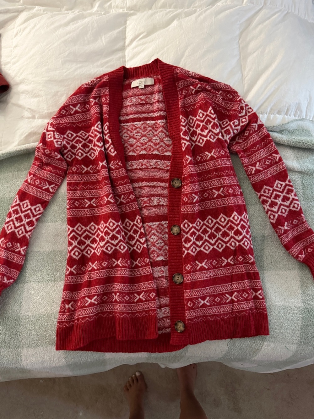 LOFT Red and White Patterned Button-Front Cardigan